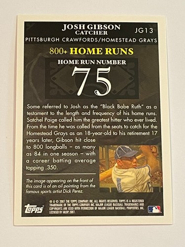 2007 Topps Baseball Home Run History #75 - Josh Gibson - Pittsburgh Crawfords - Picture 2 of 2