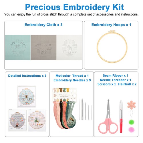 Cross Stitch Kit 3 Sets for Beginners Handmade Embroidery Starter Tool DIY Craft - Picture 2 of 7