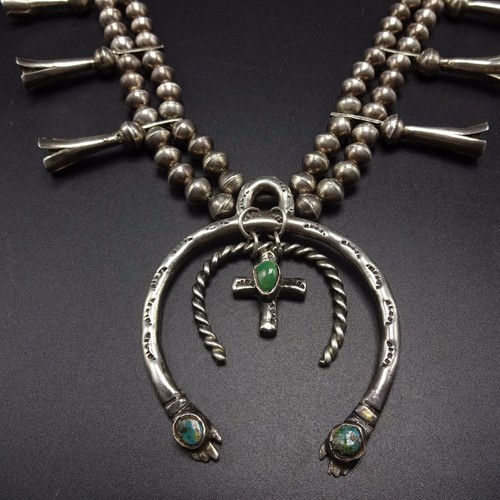 Vintage Sterling Silver and Turquoise SQUASH BLOSSOM Necklace with DOUBLE NAJA - Picture 3 of 12