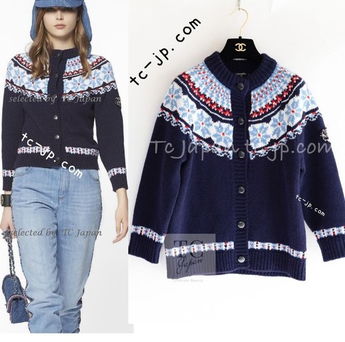 CHANEL 18N Coco Neige Navy Nordic Wool Knit Cardigan 38 40 US6 8