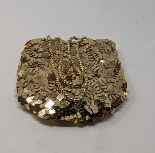 Vintage Gold Color Square Sequin Evening Bag Beaded  Strap Magnetic Snap Clean - Picture 15 of 18