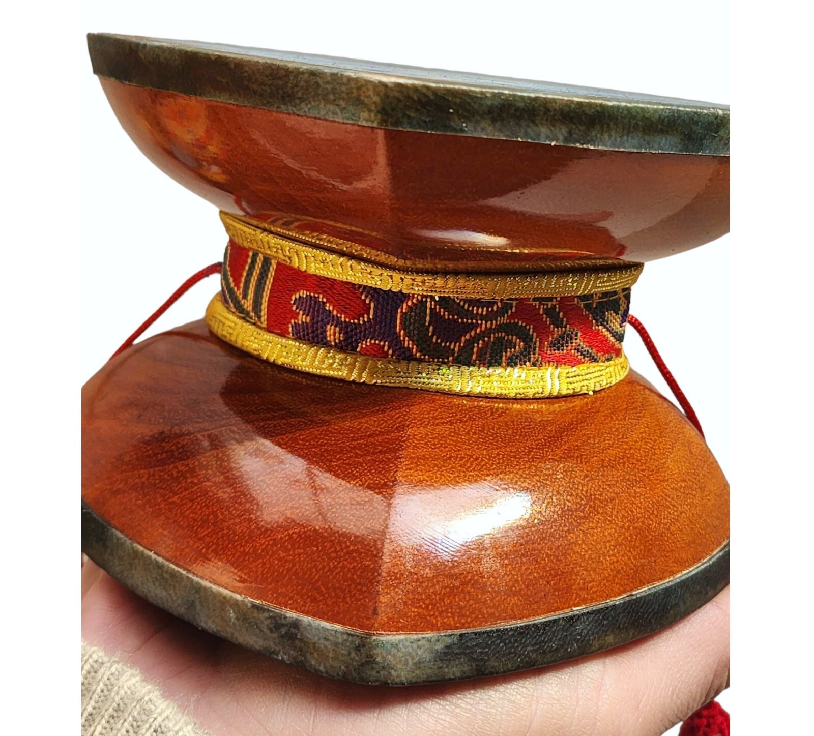 Tibetan Chod Damaru Round, Large, Wooden Leather, With Brocade Damaru Drum Cover Damaru Brocade Tail - Nepali Authentic Design Hand Carved Folk