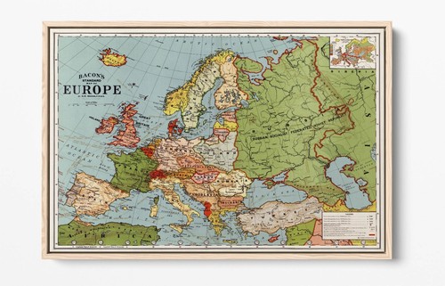 BACON'S STANDARD MAP OF EUROPE -FLOAT EFFECT FRAMED CANVAS WALL ART PRINT - Picture 7 of 12