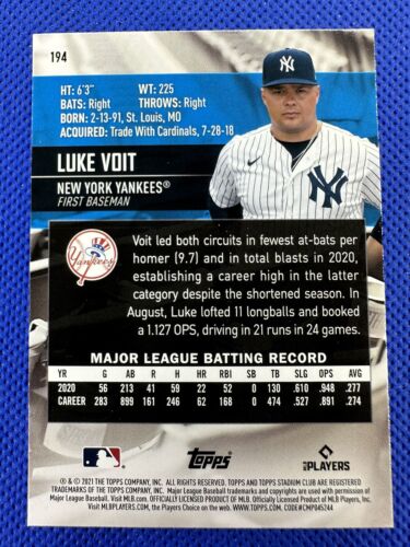 2021 #194 Luke Voit Topps Stadium Baseball New York Yankees - Foto 2 di 2