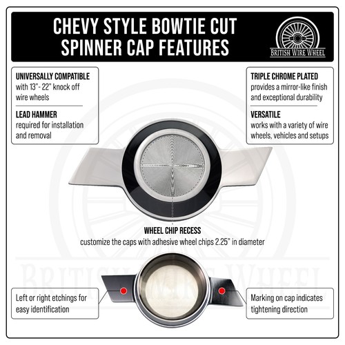 Chevy Style Bowtie Cut Spinner Caps + Adapters for Lowriders | Set of 4 + Hammer - Picture 47 of 90
