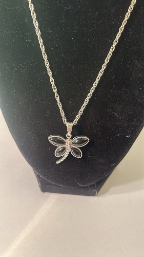 Silver tone dragonfly pendant w/ black wings on lobster clasp silver tone chain - Picture 2 of 7