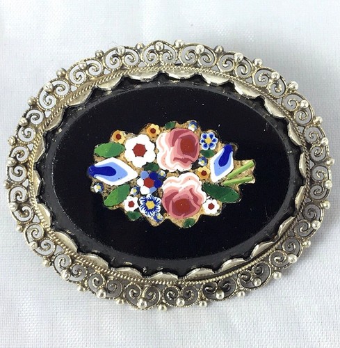 Antique Edwardian Era Italy Micro Mosaic Plaque in Large .800/1000 Silver Brooch - Picture 5 of 6