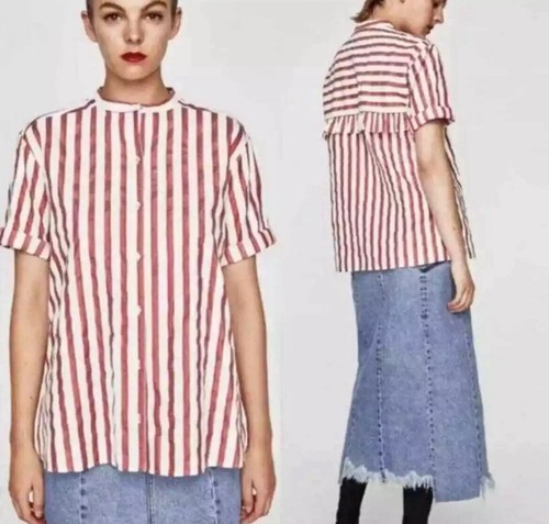 Zara rot weiß schimmernde Nadelstreifen Knopfleiste Gr. M Rücken Rüschen - Bild 7 von 10