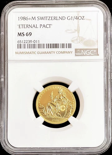 1986+M GOLD SWITZERLAND 1/4 OZ ETERNAL PACT HELVETIA COIN NGC MINT STATE 69