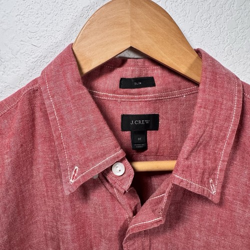 J.Crew Camicia Slim Fit con Bottoni Rosso Chambray Misto Cotone Lino | Uomo M - Foto 3 di 7