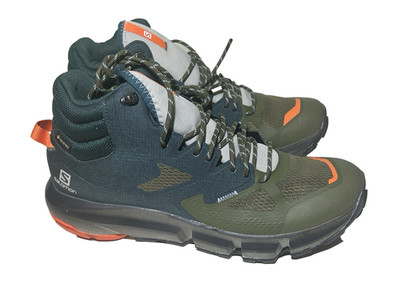 Salomon Mens Size 9 Predict Hike Mid GTX Ponder/Olive Night Red Orange Boot Shoe