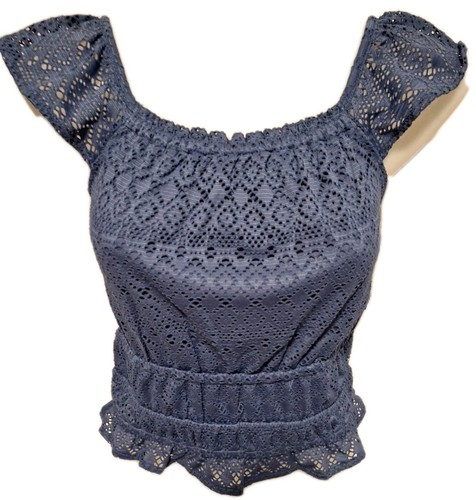So Solid Blue Flutter Sleeve Crochet Crop Top Shirt Girl's/ Kid's Sz XL Poly Bld - Picture 2 of 17