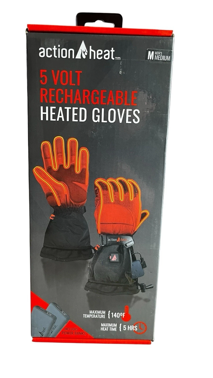 ActionHeat 5V Rechargeable Heated Gloves Men's Medium Black W/ Power Bank (OB)