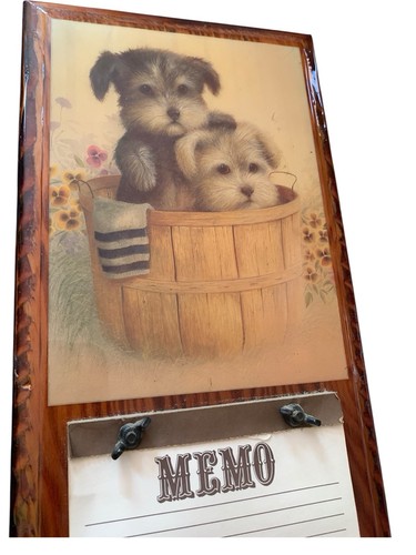 Vintage Lacquered Wood Memo Board Hanging Plaque Terrier Dogs Puppies In Bucket - Picture 7 of 7