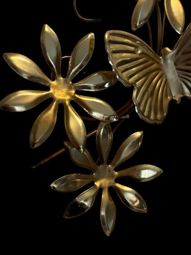 Gold Brass Tone Metal Butterfly & Flower Wall Art Sculpture Home Decor Vtg - Picture 7 of 12