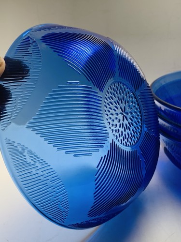 Vintage Fortecrisa Kobaltblau Sonnenblume Strukturiert Glas Suppe Müsli 6" Schüssel 4er Set - Bild 3 von 3