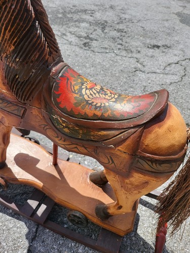 Vintage Antique? Hand Carved Wooden Toy Rocking Horse 27” Cast Iron Wheels - Picture 5 of 11