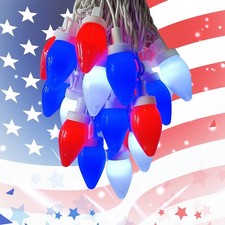 25Ft Red White and Blue Lights C7 4th of July Light Outdoor 25 LED Shatterpro...