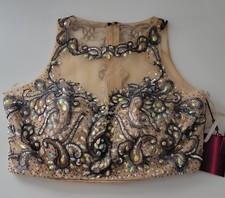 JULIET Rhinestone Beaded Sequin Pearl Sheer Bustier Sz L Top Charcoal Beige Read