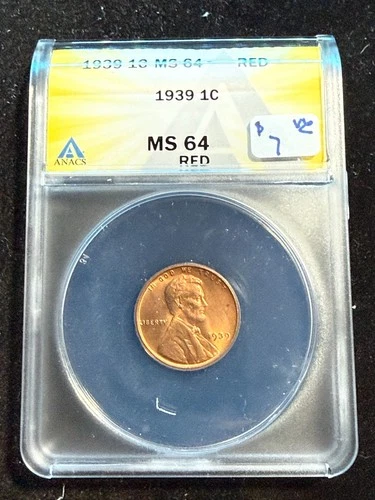 1939 LINCOLN WHEAT CENT ANACS MS 64 RED 190