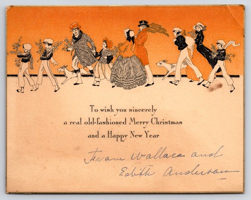 Tarjeta navideña antigua de la procesión de Feliz Navidad - Imagen 1 de 2