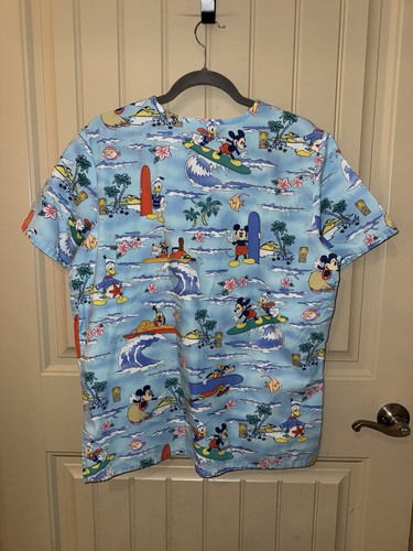 Disney Mickey Mouse & Donald Duck Hawaiian Tiki Themed Scrub Top Medium Nurse - Picture 2 of 4