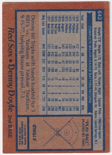 1978 Topps #642 Denny Doyle Boston Red Sox - Picture 2 of 2