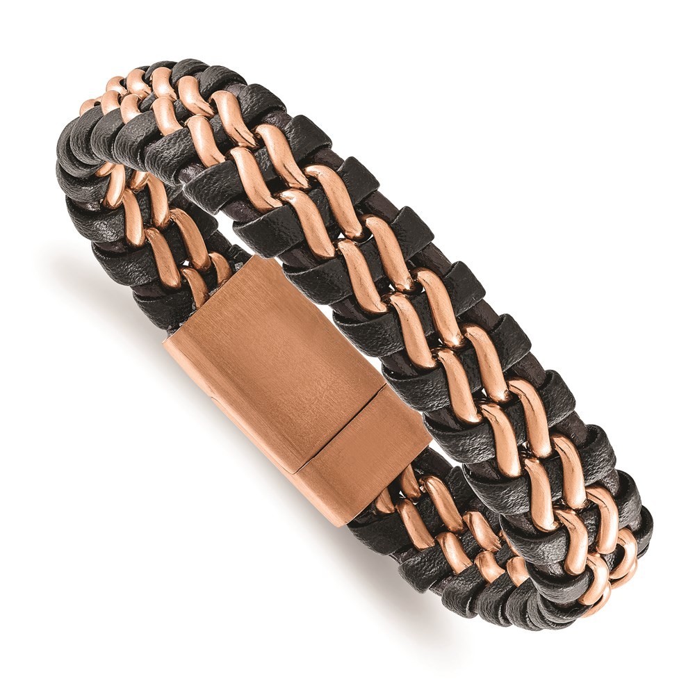 Stainless Steel Brushed Rose IP-plated Brown Leather Bracelet 12690₽