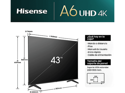 TV LED 43" - Hisense 43A6N, UHD 4K, Smart TV, HDR 10+, Dolby Vision, Control por - Imagen 2 de 12