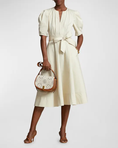 Ralph Lauren KALNA BELTED PLEATED COTTON-POPLIN MIDI DRESS IN BEIGE Size 8 - Picture 4 of 11
