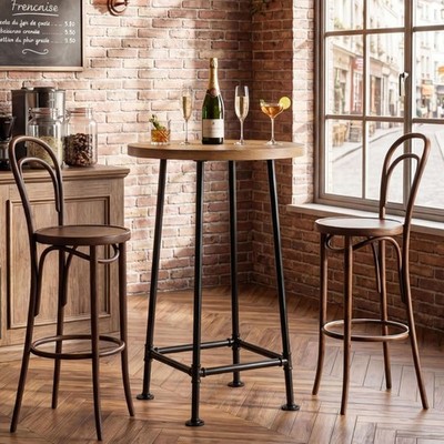 Industrial Round Bar Table, 39.4'' Small High Top Pub Table with Metal Footrest