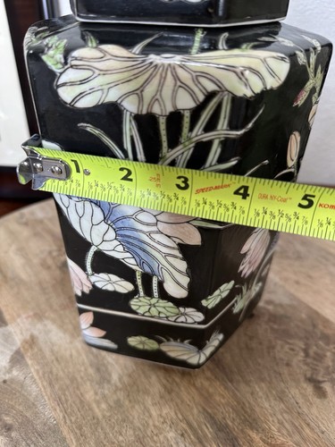 Chinese Famille Noire Hexagonal Jar Lucky Grasshopper, Lotus, Cranes, Lid, Vtg - Picture 14 of 17