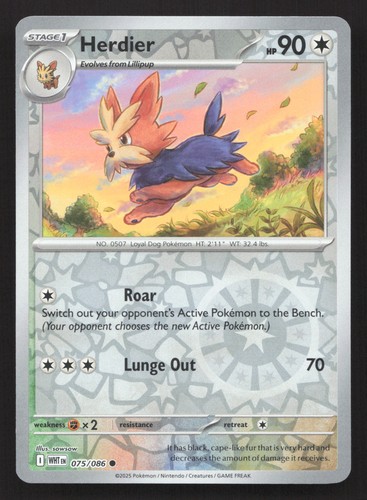 Pokemon Herdier 075/086 Holograma Inverso Común SV: Blanco Flare Casi Nuevo - Imagen 1 de 2