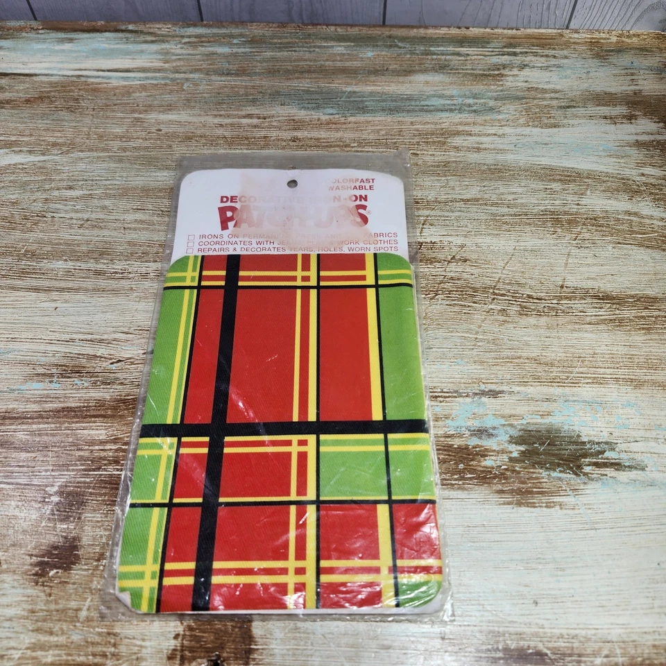 Rare Vintage Iron On Knee Elbow Patches Pop Color Tartan Plaid Groovy Hippie - Image 3 of 4