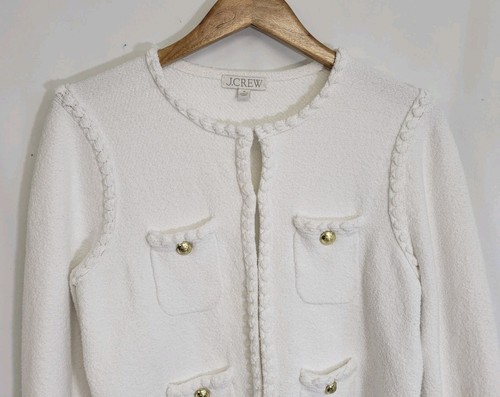 J Crew Odette Sweater Lady Jacket White Cotton Blend Boucle Cardigan Size Medium - Picture 2 of 8