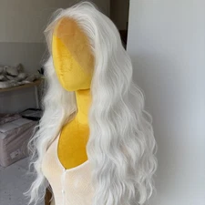 T Lace Frontal Wig Pre Plucked Pure white Layered Long Wavy Synthetic Hair