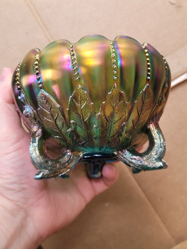 Super Pretty Sapphire Northwood Carnival Glass Leaf & Beads Rose Bowl Ray Int. - Picture 12 of 20