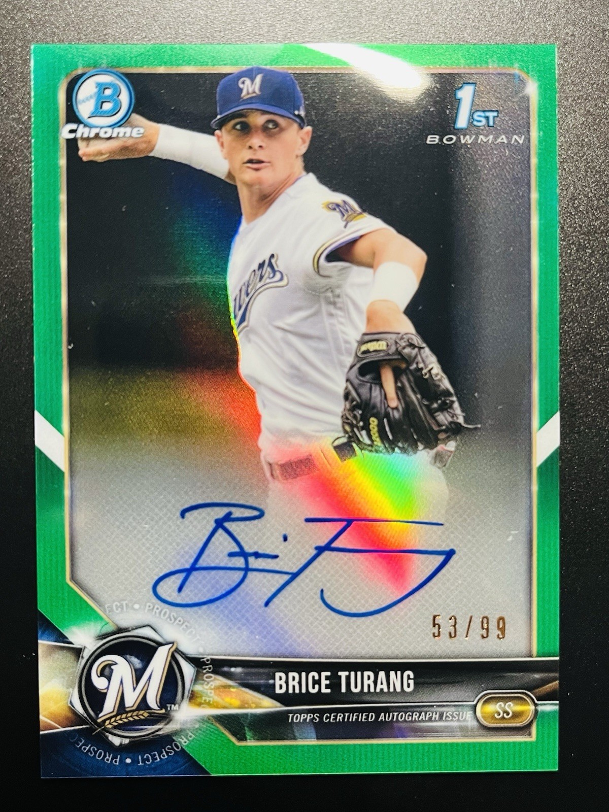 2018 Bowman Chrome Draft Brice Turang Auto Green Refractor /99 Brewers