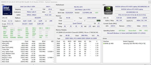 MSI Stealth 16 AI Studio A1VGG QHD+ Ultra 9 185H RTX 4070 96GB 4TB SSD - Picture 10 of 10