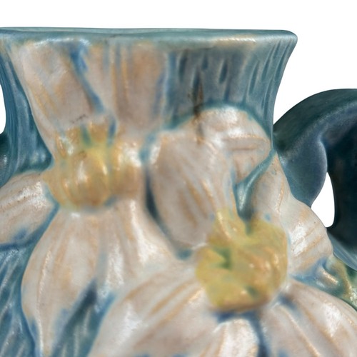 VTG 40s Roseville Clematis Double Handled Vase #188-6 Blue & White Flowers 6” - Picture 9 of 15