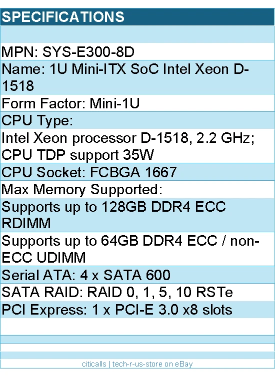 Supermicro SYS-E300-8D System - Mini-1U Xeon D-1518 FCBGA 1667 2.5Fixed Drive - Image 2 of 3