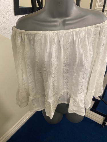 Zara White Off The Shoulders hippie gypsy style 3/4 Sleeve Top Blouse Size L - Picture 4 of 5