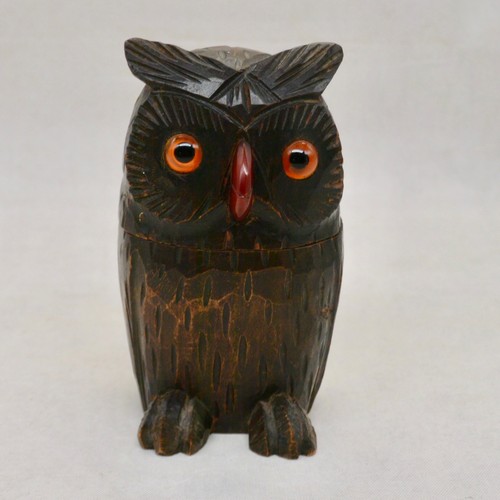 Antique Ink Well Carved OWL Glass Eyes Bakelite Beak Black Forest - Picture 7 of 14