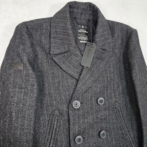 Superdry Wool Blend Pea Coat Mens L 40 Herringbone Tweed Double Breasted Peak - Picture 3 of 16