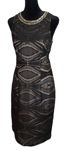 Maggy London Black/Tan Geometric Cocktail Sheath Dress W/ Sequin Bead Collar-8 - Picture 2 of 14