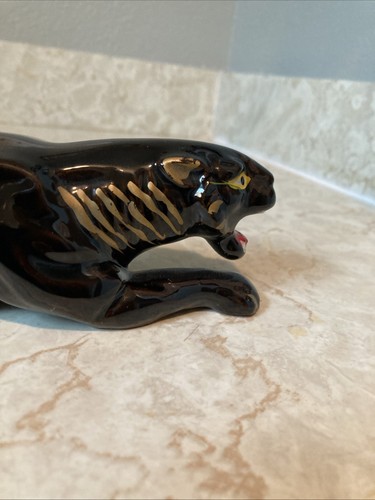 "Maceta de cerámica pintada a mano Redware Black Panther Stalking años 50 12"" Japón" - Imagen 12 de 15