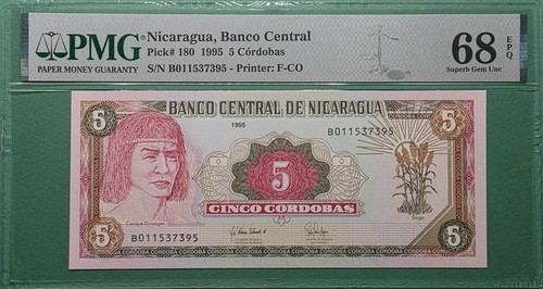 1995 NICARAGUA 5 CORDOBAS P# 180 PMG 68 EPQ SUPERB GEM UNC TOP POP  ONLY 1PC ! - Picture 1 of 3