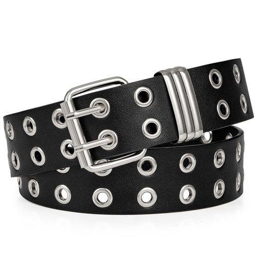 Double Grommet Leather Belt Women Men Punk Rock Waist Belts for Jeans Pants D...