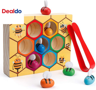 Toddler Fine Motor Skill Toy, Clamp Bee to Hive Matching Game, Montessori Wooden