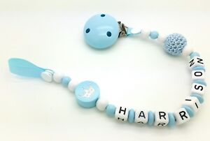 Personalised Baby Dummy Soother Wooden Clip Holder Strap Shower Christening Gift